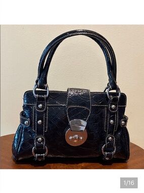 Bisou Bisou  satchel  black patent PVC croc embossed  heavy Silvertone HW EUC